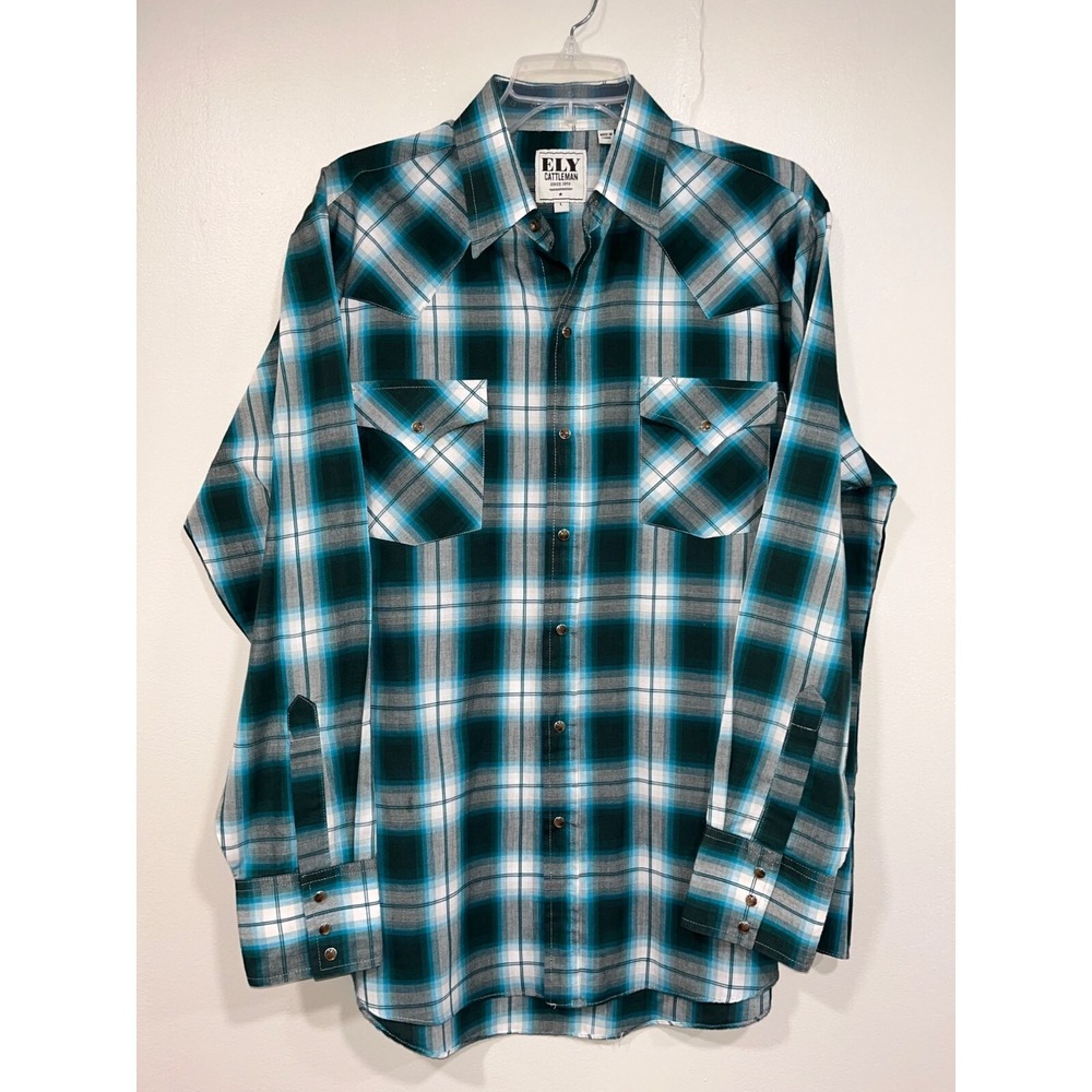 Ely Cattleman Pearl Snap Western Shirt Mens Large Long Sleeve Green White‎ Plaid